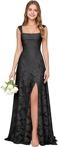 Lace Floral Junior Bridesmaid Dress for Wedding Long Slit A-line Square Neck Dress Prom Communion Guest Evening Gown