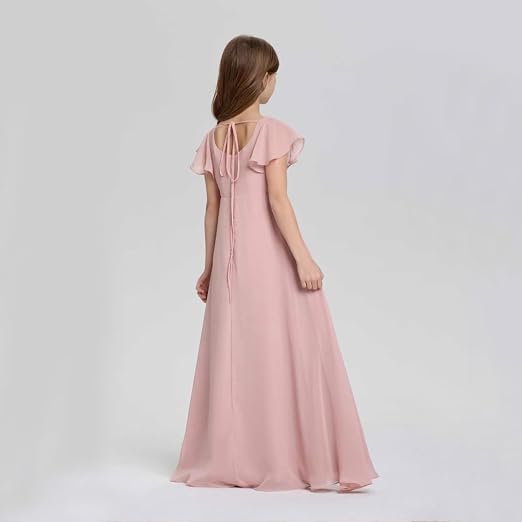 Short Sleeve Flower Girl Dress for Teens A Line Chiffon Junior Bridesmaid Dresses with Bow FFSQ001