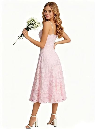 Junior Bridesmaid Dress Spaghetti Strap Floral Jacquard Midi A-Line Formal Cocktail Party Dress for Teens