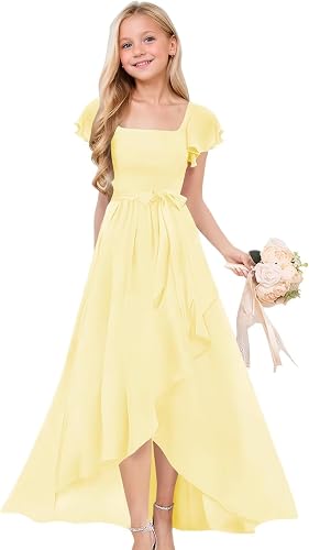 Short Sleeve Flower Girl Dress for Teens A Line Chiffon Junior Bridesmaid Dresses with Bow FFSQ001