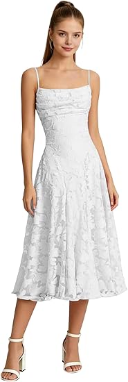 Junior Bridesmaid Dress Spaghetti Strap Floral Jacquard Midi A-Line Formal Cocktail Party Dress for Teens