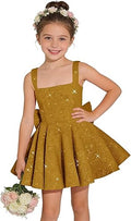 Ouyisha Sparkly Sequin Teen Flower Girl Dresses for Wedding Short Spaghetti Straps Cute Birthday Party Dress with Bow
