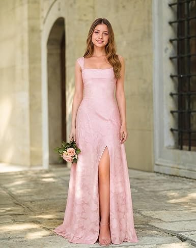 Lace Floral Junior Bridesmaid Dress for Wedding Long Slit A-line Square Neck Dress Prom Communion Guest Evening Gown