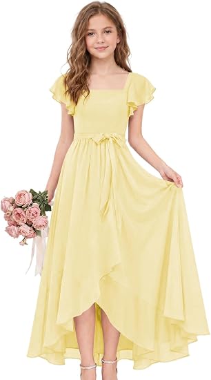 Short Sleeve Flower Girl Dress for Teens A Line Chiffon Junior Bridesmaid Dresses with Bow FFSQ001