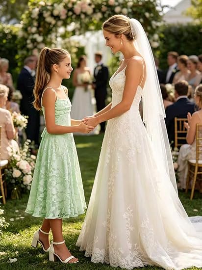 Junior Bridesmaid Dress Spaghetti Strap Floral Jacquard Midi A-Line Formal Cocktail Party Dress for Teens