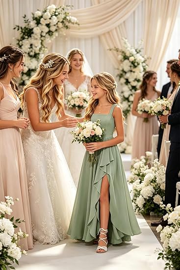 Girls Junior Bridesmaid Dresses Square Neck Chiffon Formal Gown with Ruffle Slit for Wedding Party Teens