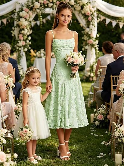 Junior Bridesmaid Dress Spaghetti Strap Floral Jacquard Midi A-Line Formal Cocktail Party Dress for Teens