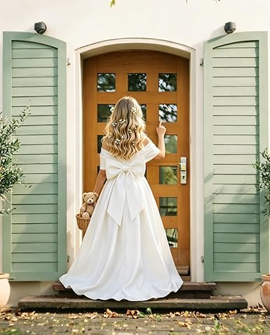 Stain Flower Girl Dresses for Wedding Off Shoulder Bowknot A-line Long Ruffled Dress Pageant Guest Evening Gown