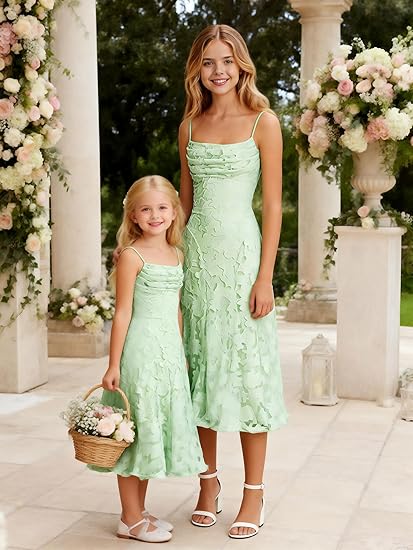 Junior Bridesmaid Dress Spaghetti Strap Floral Jacquard Midi A-Line Formal Cocktail Party Dress for Teens