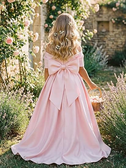 Maxianever Flower Girl Dresses for Wedding Satin Off Shoulder Bow Formal Gown for Girls
