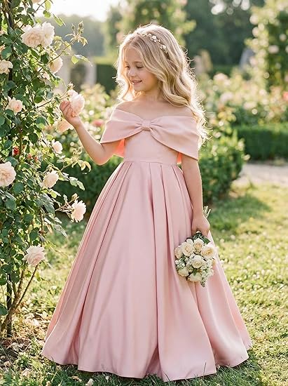 Maxianever Flower Girl Dresses for Wedding Satin Off Shoulder Bow Formal Gown for Girls